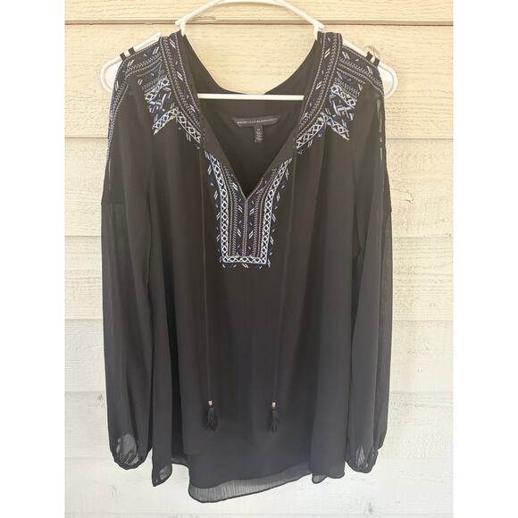 White House Black Market Size 12 Black Embroidered Boho Blouse Sheer Sleeve Top - Picture 2 of 5